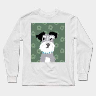 Salt and Pepper Miniature Schnauzer on Green Daisy Background Long Sleeve T-Shirt